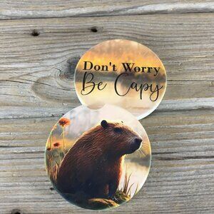 Don't Worry Be Capy Capybara Car Coasters Set of 2